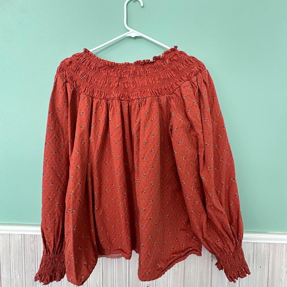 Orange Smocked Long Sleeve Blouse